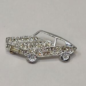 Sports Muscle Car Clear Rhinestone Pave Brooch Pin Silver Tone Sedan Vintage